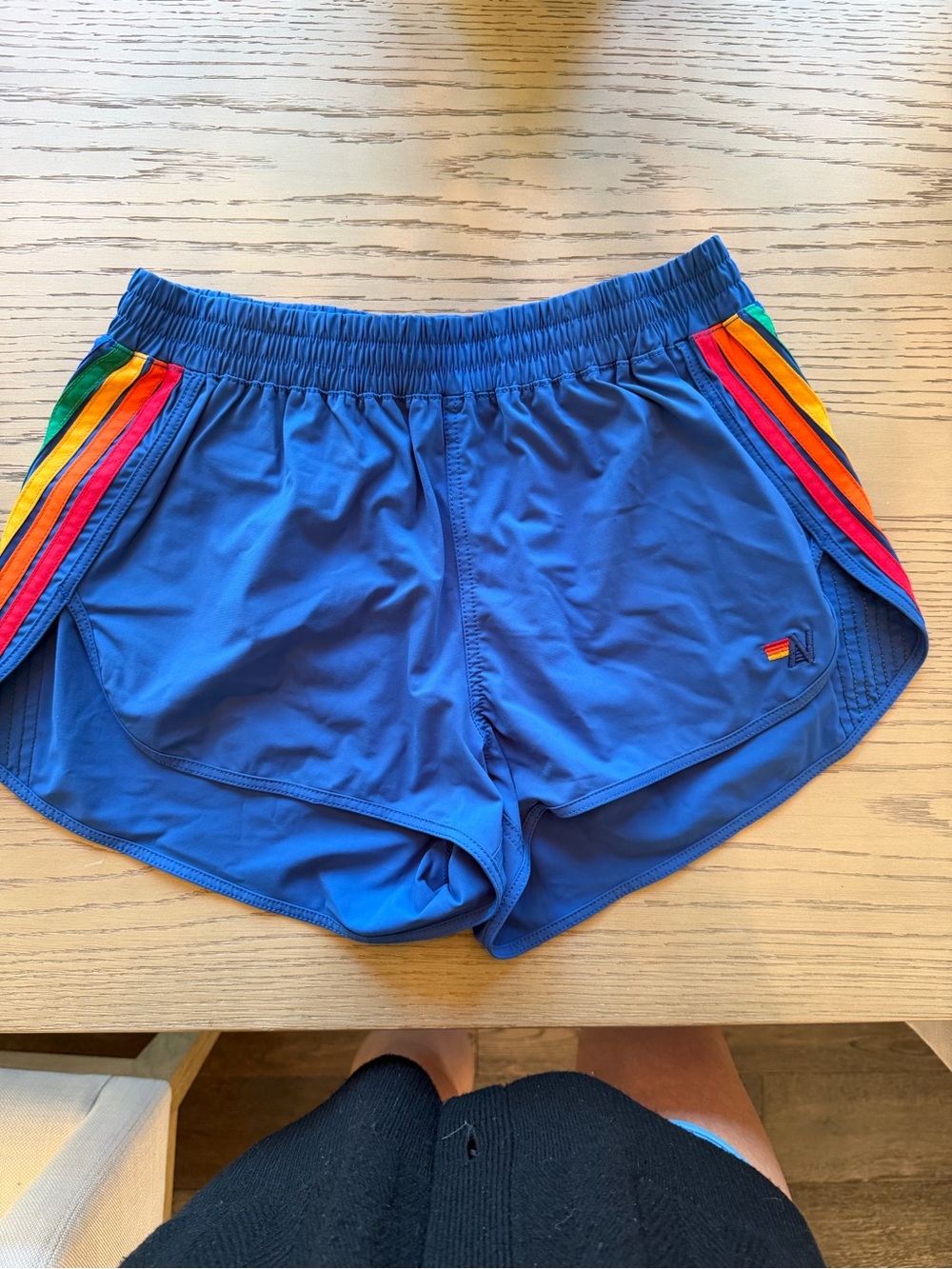 Aviator Nation Blue Athletic Shorts with Rainbow Side Stripes